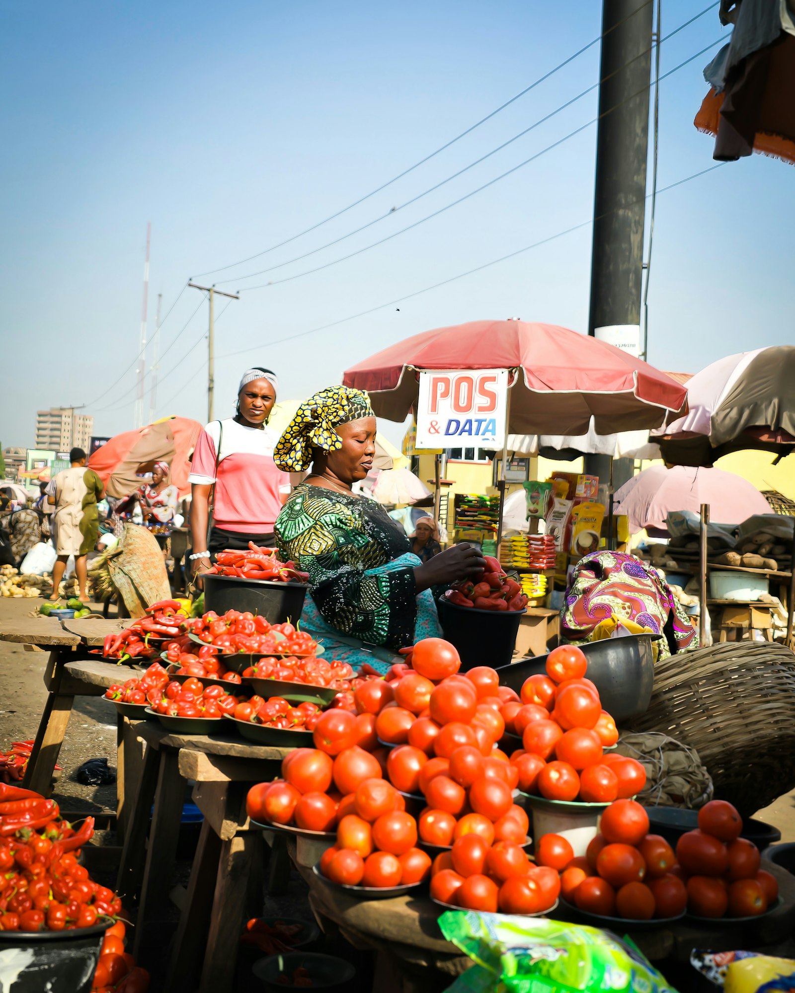 Market traders selling fresh tomatoes at a busy stall under a shade umbrella