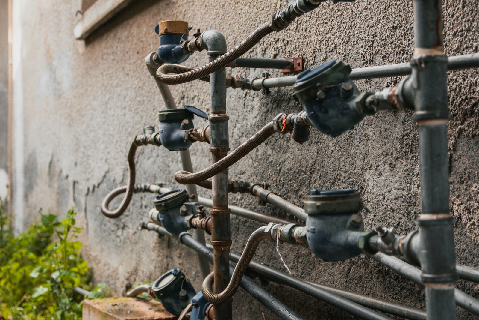 A row of household water meters connected to pipes along a plastered wall